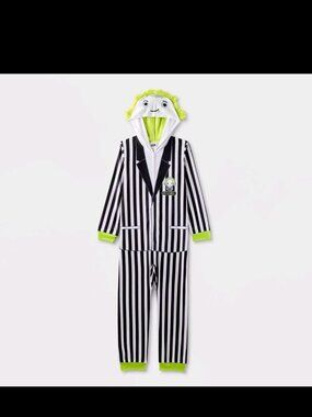 Kids Beetlejuice Hooded Fleece Unisex Union Suit Pajamas Costume NWT Sz S - 6/7